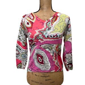 Elizabeth New York Pink Paisley Embellished V-Neck Sweater 3/4 Sleeve Size Small